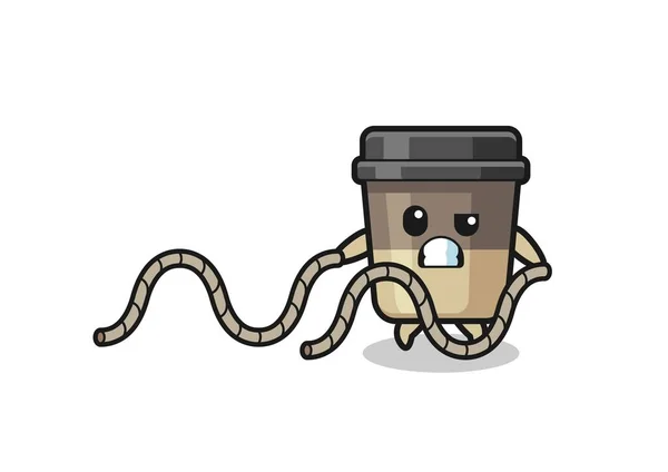 Illustration Coffee Cup Doing Battle Rope Workout Cute Design — Stok Vektör