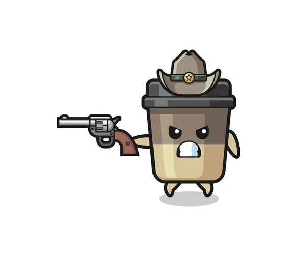 Coffee Cup Cowboy Shooting Gun Cute Design — Stockvektor