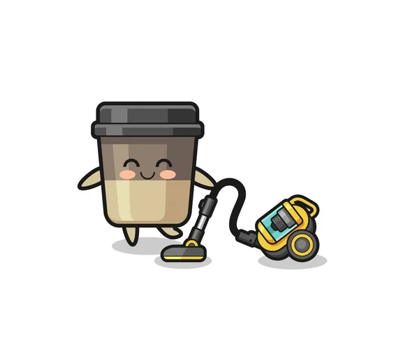 Cute Coffee Cup Holding Vacuum Cleaner Illustration Cute Design — Stockový vektor