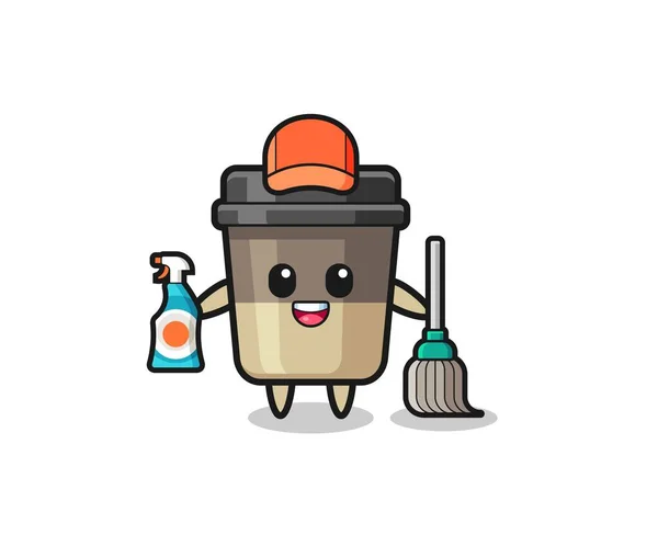 Cute Coffee Cup Character Cleaning Services Mascot Cute Design — Stock vektor