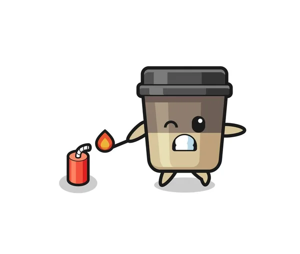 Coffee Cup Mascot Illustration Playing Firecracker Cute Design — Stock vektor