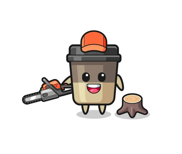 Coffee Cup Lumberjack Character Holding Chainsaw Cute Design — Stockvektor