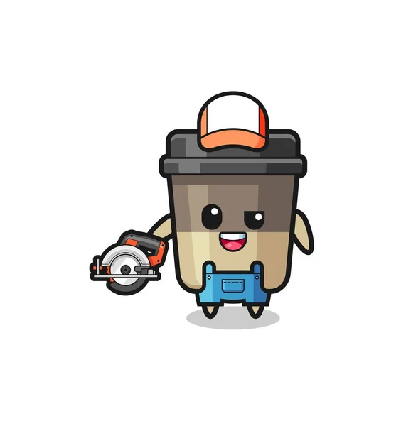 Woodworker Coffee Cup Mascot Holding Circular Saw Cute Design — Image vectorielle