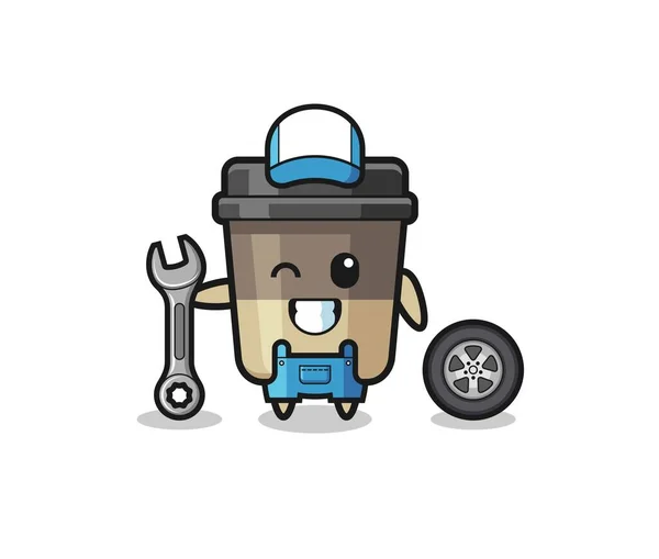 Coffee Cup Character Mechanic Mascot Cute Design — Stock vektor