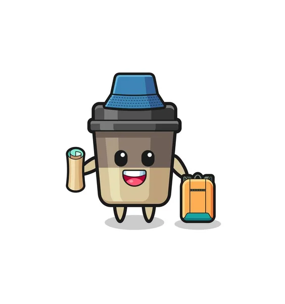 コーヒーカップマスコットキャラクターをハイカーとしてかわいいデザイン — ストックベクタ