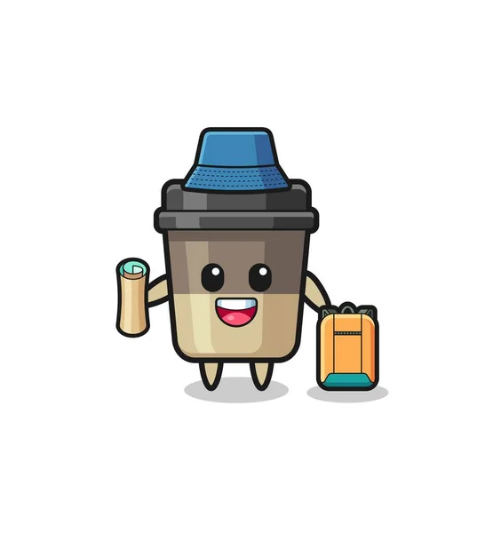 Coffee Cup Mascot Character Hiker Cute Design — Vector de stock