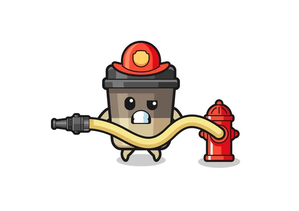 Coffee Cup Cartoon Firefighter Mascot Water Hose Cute Design —  Vetores de Stock