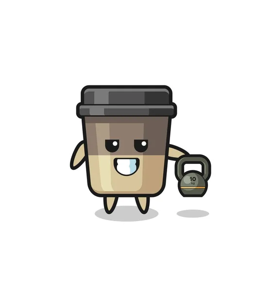Coffee Cup Mascot Lifting Kettlebell Gym Cute Design — стоковый вектор
