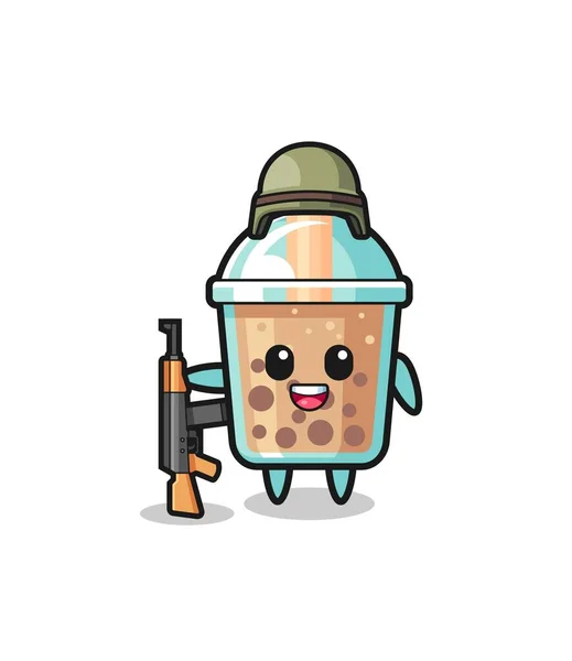 Cute Bubble Tea Mascot Soldier Cute Design — Vetor de Stock