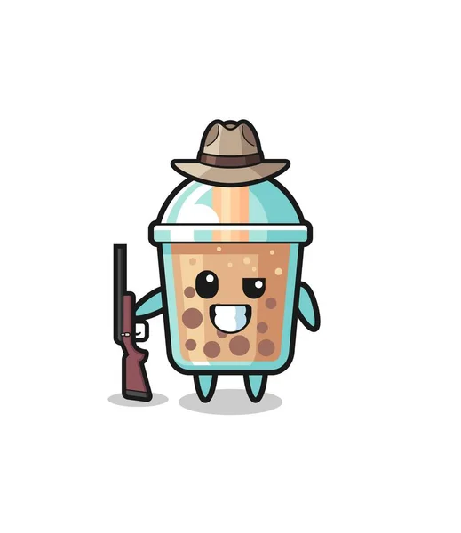 Bubble Tea Hunter Mascot Holding Gun Cute Design — Vetor de Stock