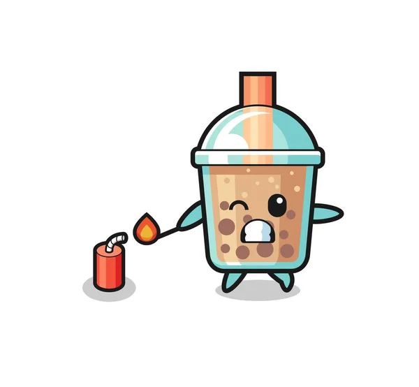 Bubble Tea Mascot Illustration Playing Firecracker Cute Design — стоковый вектор