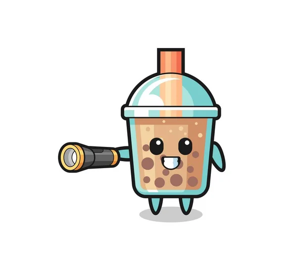 Bubble Tea Mascot Holding Flashlight Cute Design — Vetor de Stock