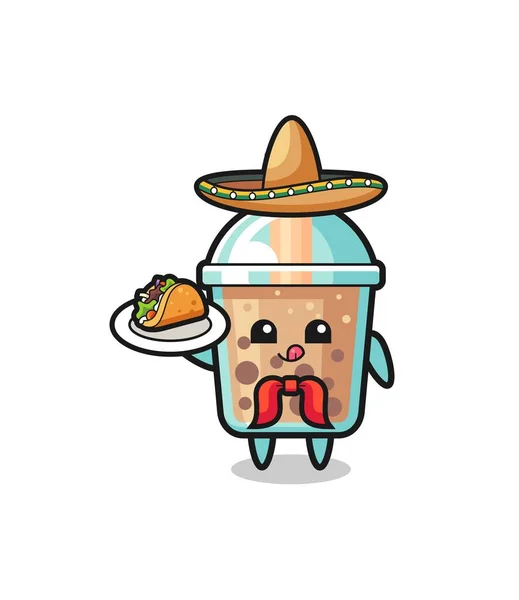 Bubble Tea Mexican Chef Mascot Holding Taco Cute Design — Stock vektor