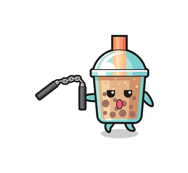 Cartoon Bubble Tea Using Nunchaku Cute Design — стоковый вектор