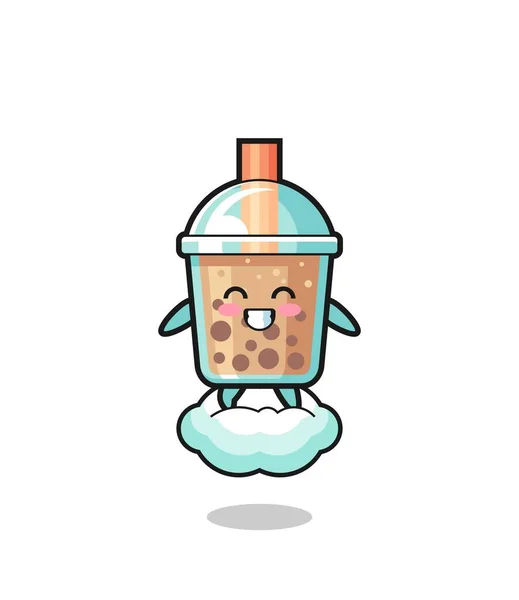 Cute Bubble Tea Illustration Riding Floating Cloud Cute Design — Stock vektor