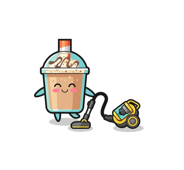 Cute Milkshake Holding Vacuum Cleaner Illustration Cute Design — Stok Vektör