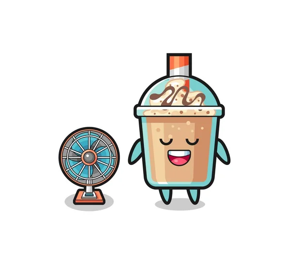 Lindo Batido Está Pie Delante Del Ventilador Lindo Diseño — Vector de stock