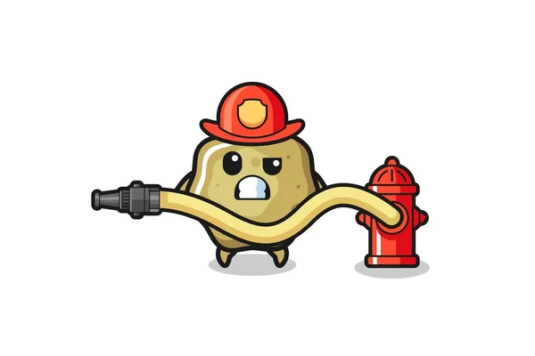 Selles Mobiles Dessin Animé Comme Mascotte Pompier Avec Tuyau Eau — Image vectorielle
