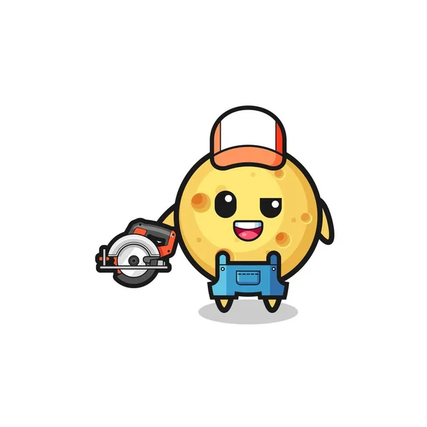 Woodworker Cheese Mascot Holding Circular Saw Cute Design — Archivo Imágenes Vectoriales