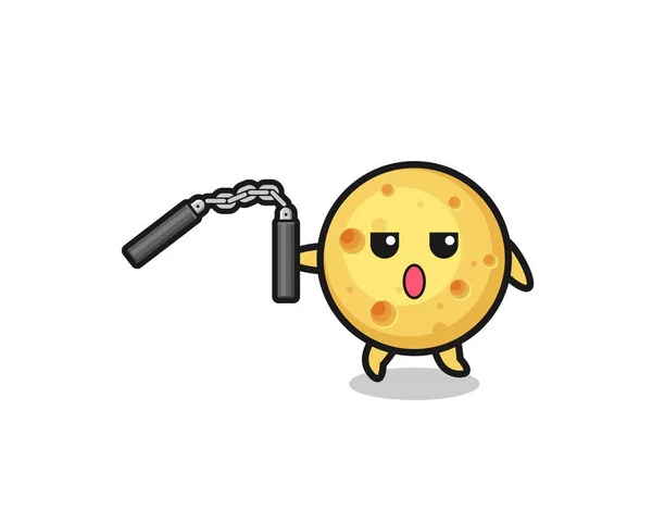 Dibujos Animados Queso Redondo Usando Nunchaku Lindo Diseño — Vector de stock