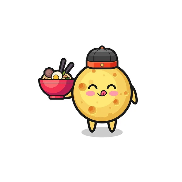 Cheese Chinese Chef Mascot Holding Noodle Bowl Cute Design — 스톡 벡터