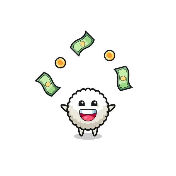 Illustration Rice Ball Catching Money Falling Sky Cute Design — Stockový vektor