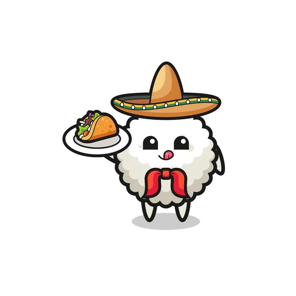 Rice Ball Mexican Chef Mascot Holding Taco Cute Design — Stock vektor