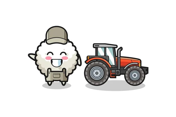 Rice Ball Farmer Mascot Standing Tractor Cute Design — Image vectorielle