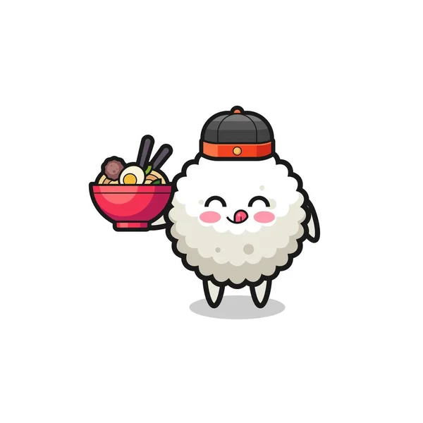 Rice Ball Chinese Chef Mascot Holding Noodle Bowl Cute Design — 스톡 벡터