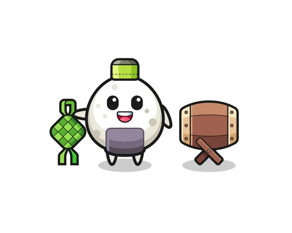 Onigiri Muslim Character Celebrating Eid Fitr Cute Design — 스톡 벡터