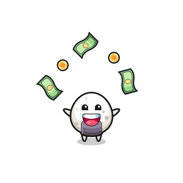 Illustration Onigiri Catching Money Falling Sky Cute Design — стоковый вектор