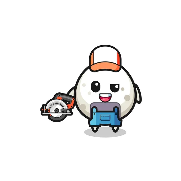 Woodworker Onigiri Mascot Holding Circular Saw Cute Design — Stockvector