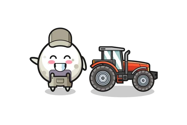 Onigiri Farmer Mascot Standing Tractor Cute Design — стоковый вектор