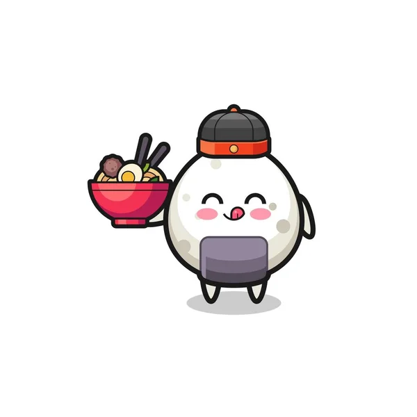 Onigiri Chinese Chef Mascot Holding Noodle Bowl Cute Design — Stock Vector