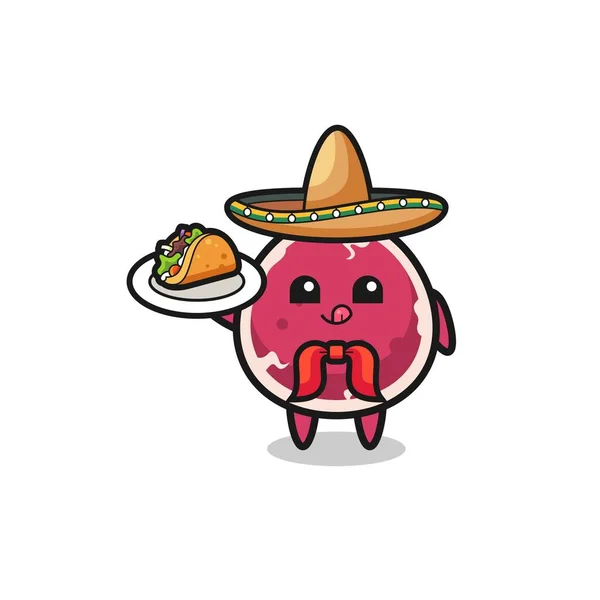 Nötkött Mexikansk Kock Maskot Håller Taco Söt Design — Stock vektor