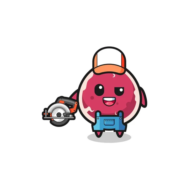 Woodworker Beef Mascot Holding Circular Saw Cute Design — Vettoriale Stock