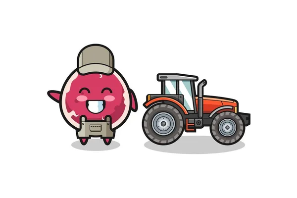 Beef Farmer Mascot Standing Tractor Cute Design — Stock Vector