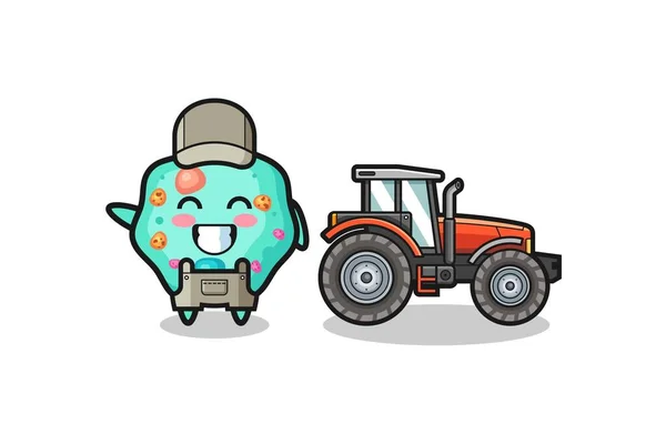 Amoeba Farmer Mascot Standing Tractor Cute Design — Stockvektor