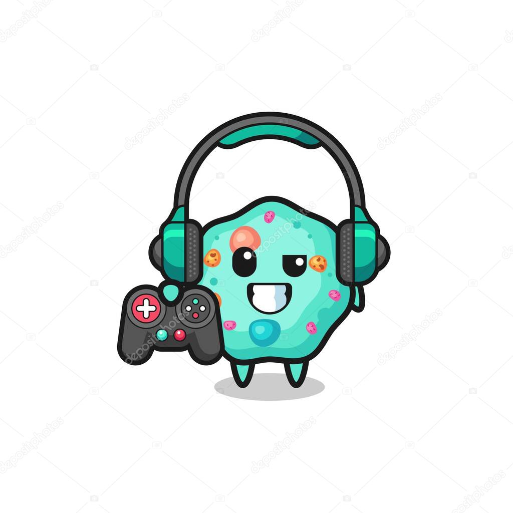 amoeba gamer mascot holding a game controller , cute design