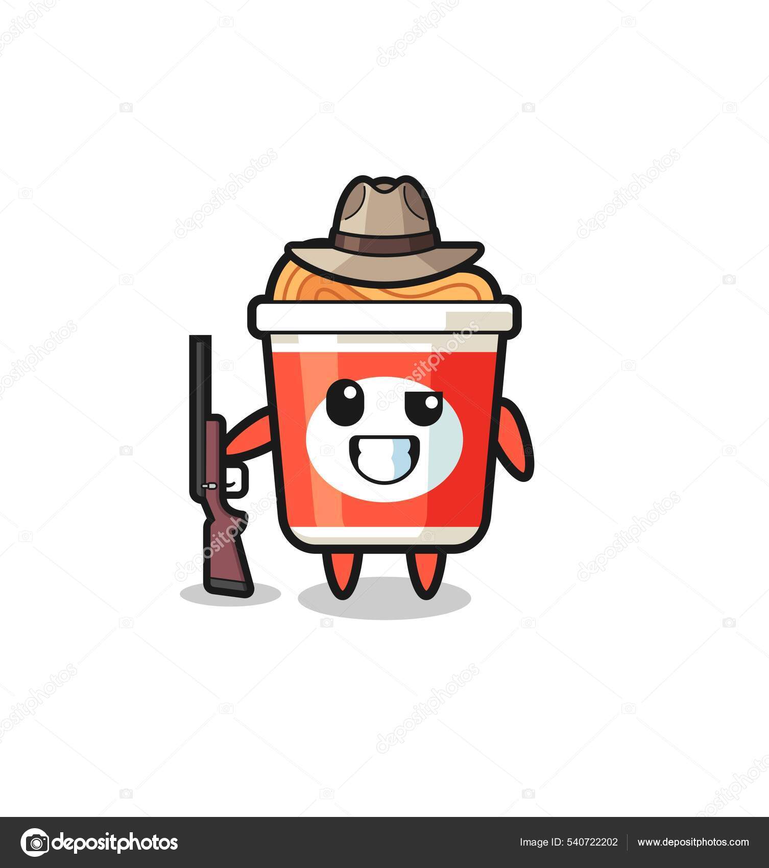 Instant Noodle Hunter Mascot Holding Gun Cute Design Векторное.