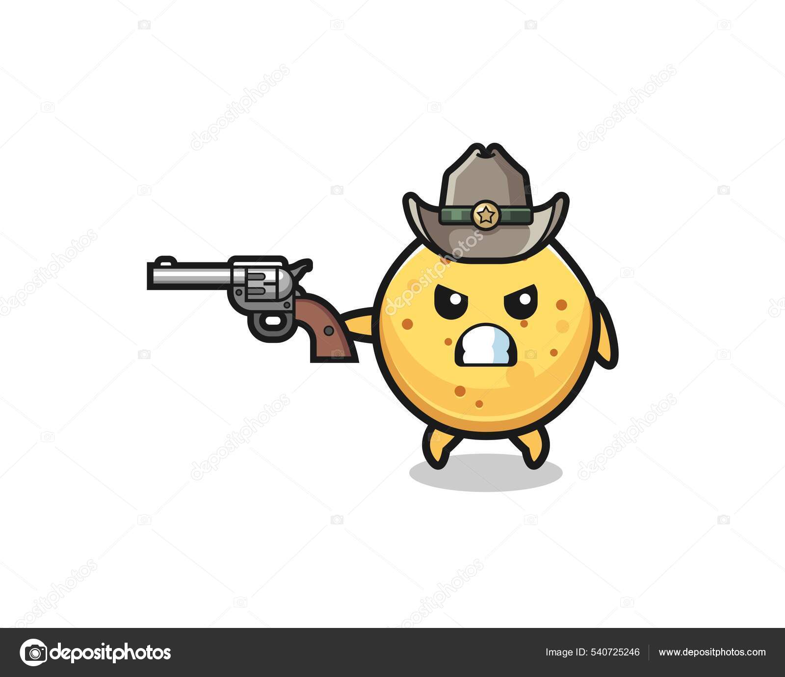 Potato Chip Cowboy Shooting Gun Cute Design Векторное Изображение.