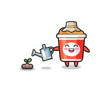 Sevimli hazır şehriye, bitki tohumlarını suluyor, şirin tasarım.