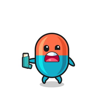 Kapsül maskotunun astımı var. Astım spreyini tutarken, şirin bir tasarım.