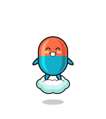 cute capsule illustration riding a floating cloud , cute design