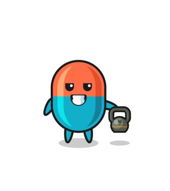 capsule mascot lifting kettlebell in the gym , cute design