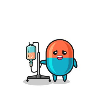 cute capsule character standing with infusion pole , cute design