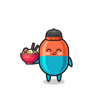 capsule as Chinese chef mascot holding a noodle bowl , cute design