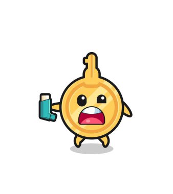 key mascot having asthma while holding the inhaler , cute design