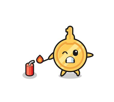 key mascot illustration playing firecracker , cute design