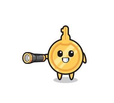 key mascot holding flashlight , cute design